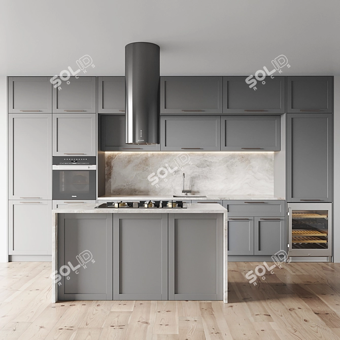 Modern Kitchen Set: Gas Hob, Oven, Wine Fridge, Sink, and Hood 3D model image 1