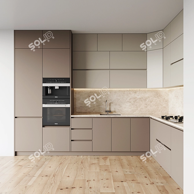 Modern Kitchen Set with Gas Hob, Oven, Coffee Machine, Sink & Hood 3D model image 1