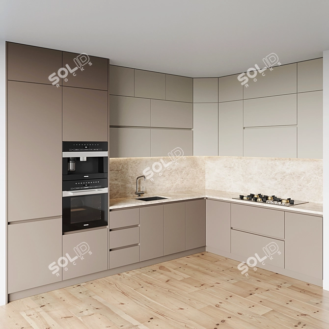 Modern Kitchen Set with Gas Hob, Oven, Coffee Machine, Sink & Hood 3D model image 2