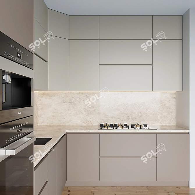 Modern Kitchen Set with Gas Hob, Oven, Coffee Machine, Sink & Hood 3D model image 4