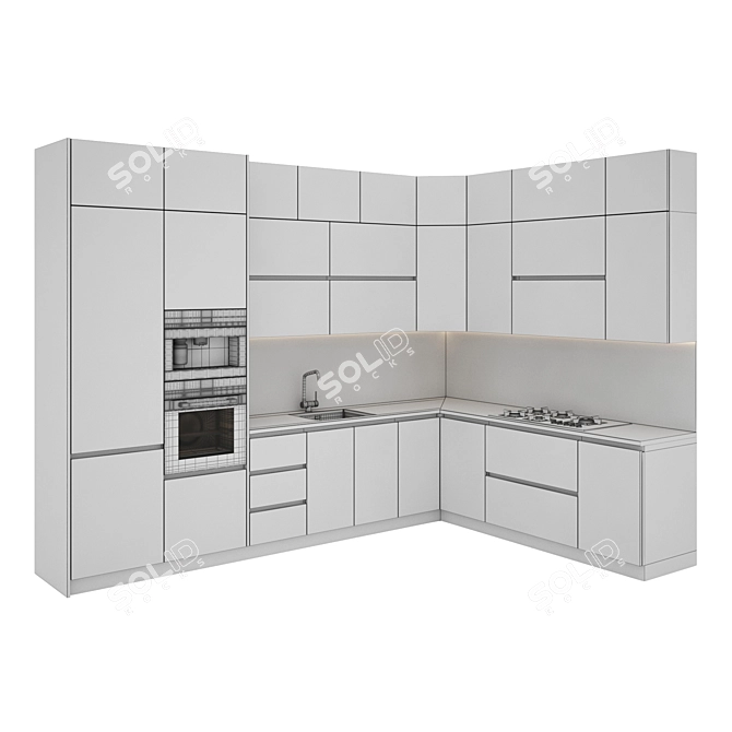 Modern Kitchen Set with Gas Hob, Oven, Coffee Machine, Sink & Hood 3D model image 5