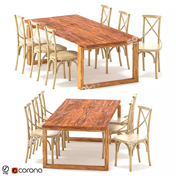 Modern Teak Dining Set: ODGER Table & 6 Cross Back Chairs 3D model image 1