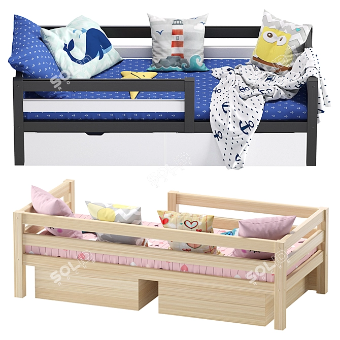 Solid Pine Children's Bed with Sideboard & Drawers 3D model image 3