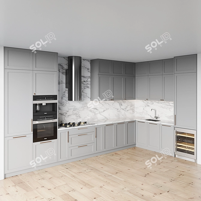 Modern Kitchen Set with Gas Hob, Oven, Coffee Machine, Wine Fridge 3D model image 2