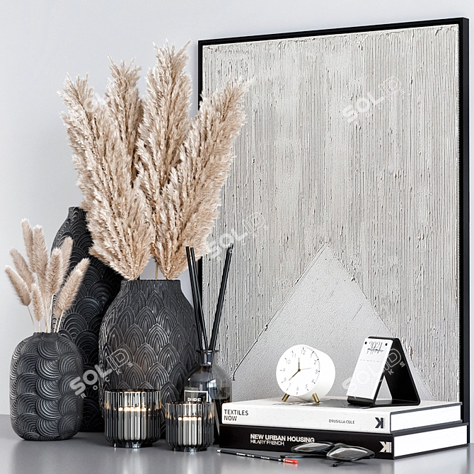 Stylish Decor Set: Pampas, Vases, Books, Candlesticks 3D model image 4