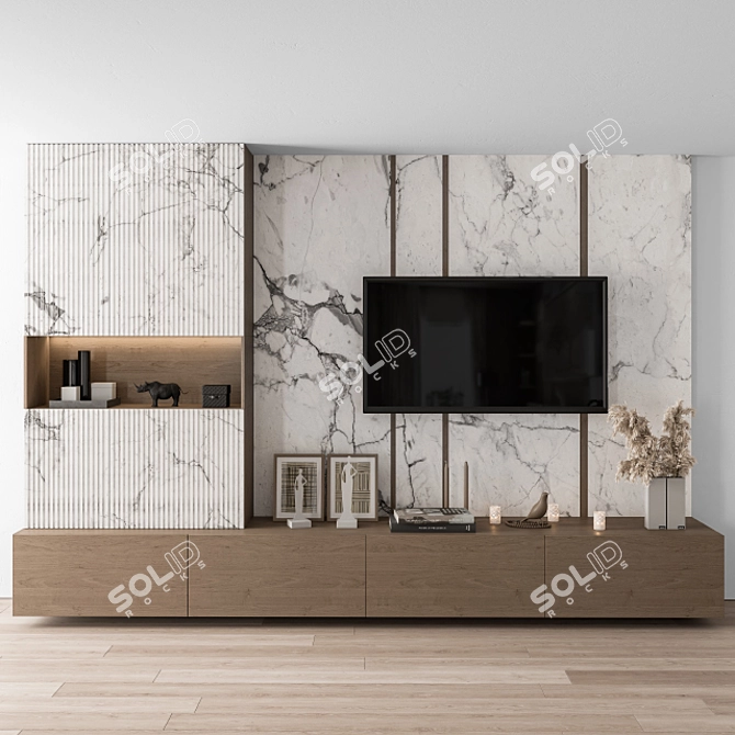 White Stone and Wood TV Wall Set 3D model image 1