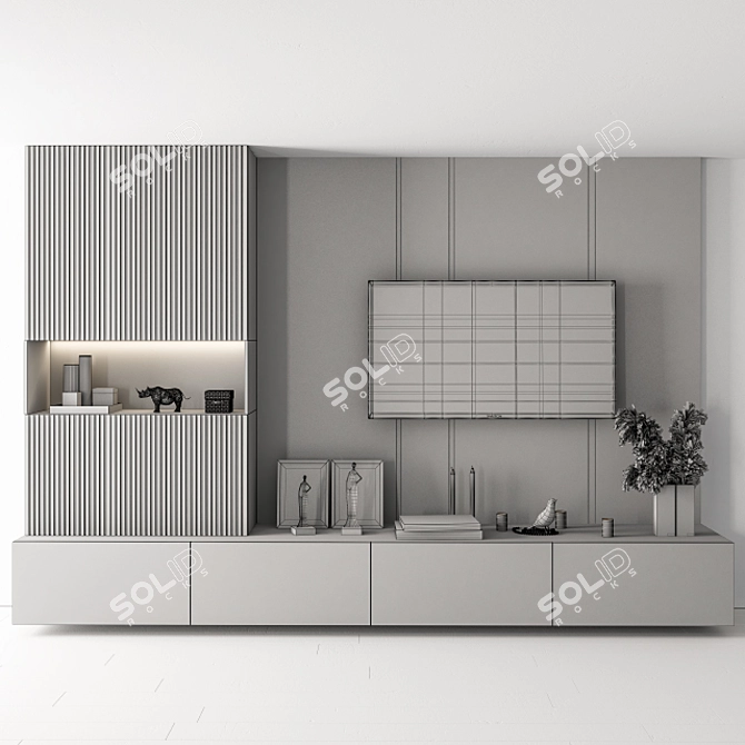 White Stone and Wood TV Wall Set 3D model image 5