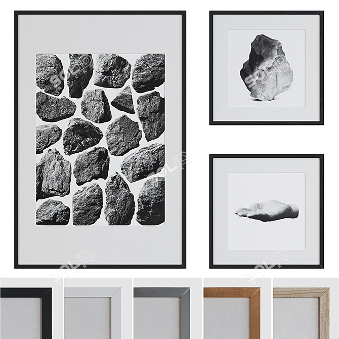 Modern Abstract Stone and Hand Brush Framed Picture Set 3D model image 1