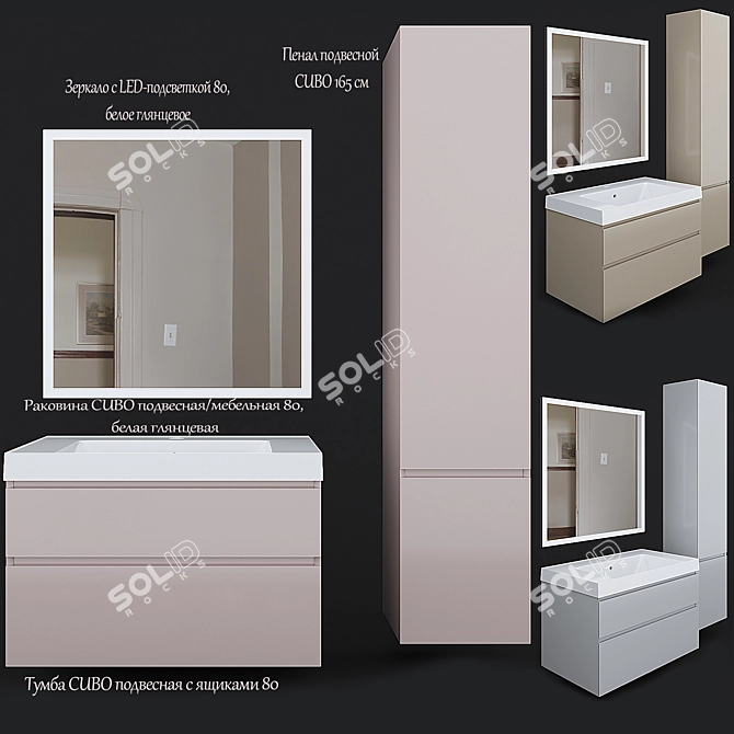 Modern White Gloss Sink Cabinet CUBO 80 3D model image 2