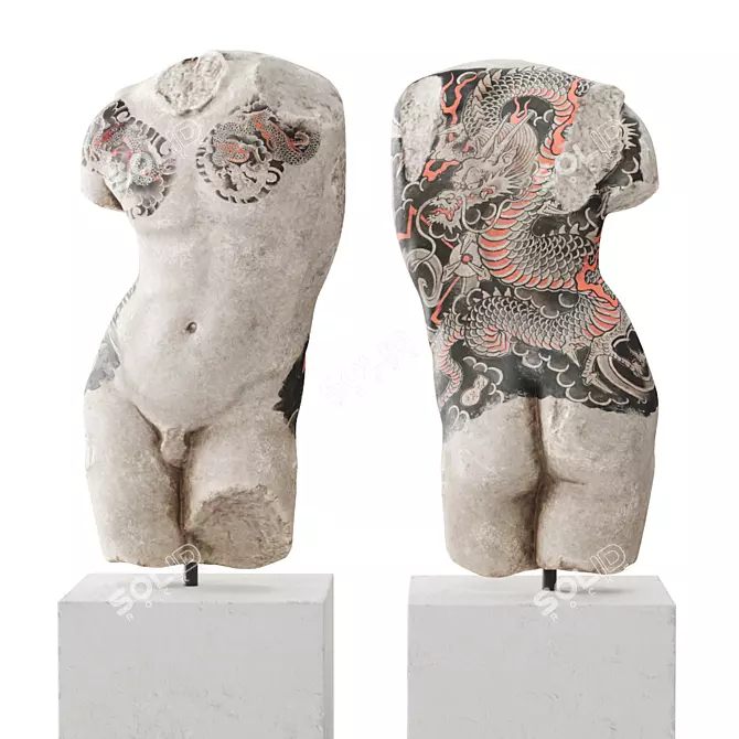 Classic Tattooed Man Torso with Pedestal 3D model image 1