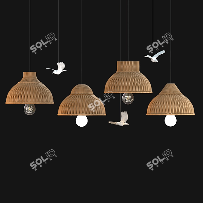 Rattan Pendant Lamp with Bird Accents 3D model image 1