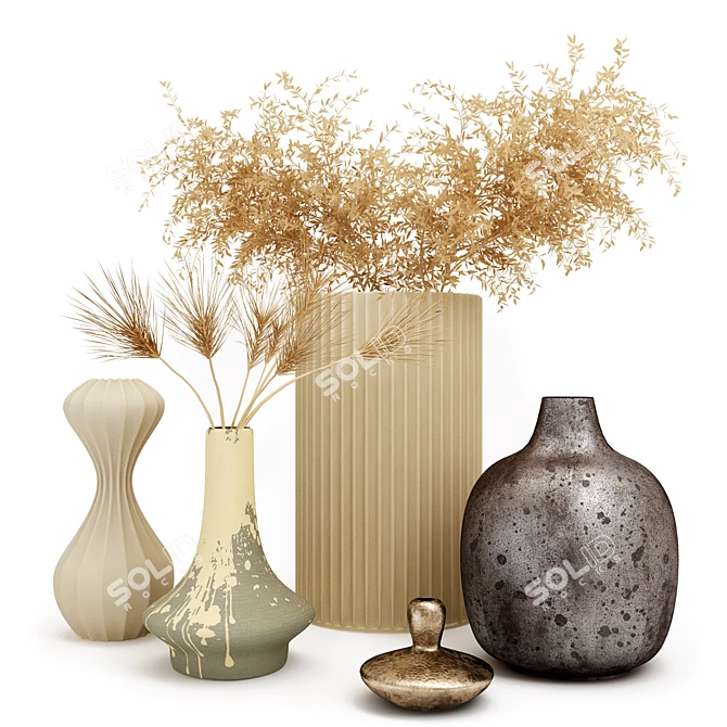 Decorative Vase Set with Dried Flowers 3D model image 1