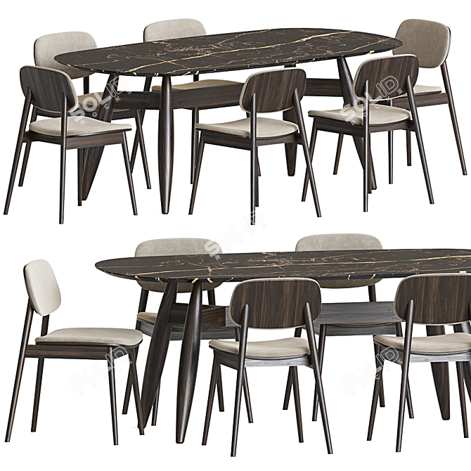 Modern Dining Set 128: Metal, Wood, Velvet. Perfect for Any Space 3D model image 2
