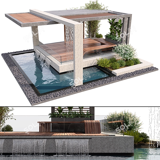 Elegant Pergola Oasis: Water & Plant Haven 3D model image 1