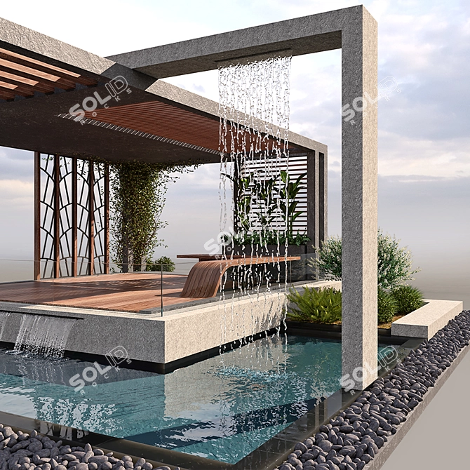 Elegant Pergola Oasis: Water & Plant Haven 3D model image 2