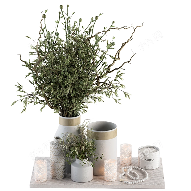 Elegant White Set w/ Green Plants 3D model image 1