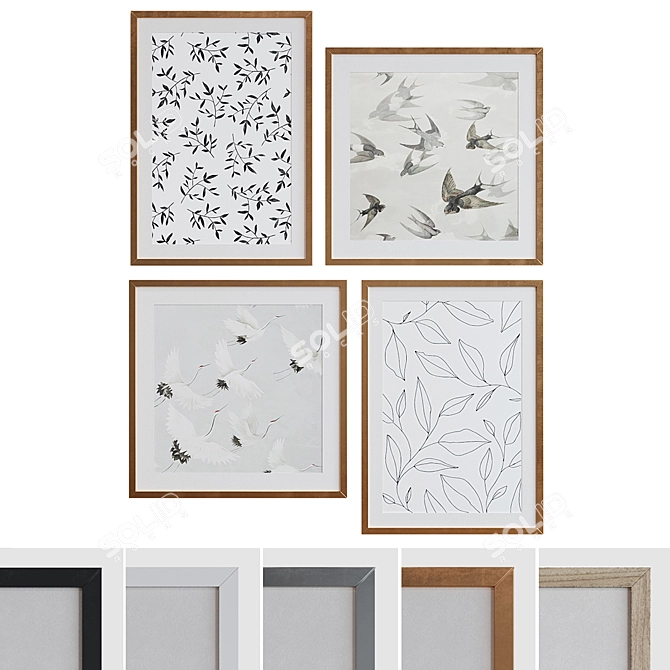 Modern Leaf and Bird Picture Frame Set 3D model image 1