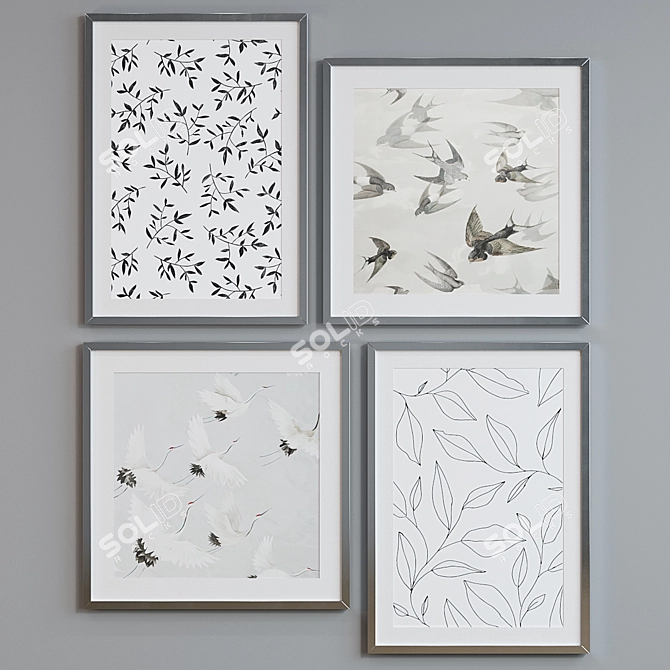 Modern Leaf and Bird Picture Frame Set 3D model image 2