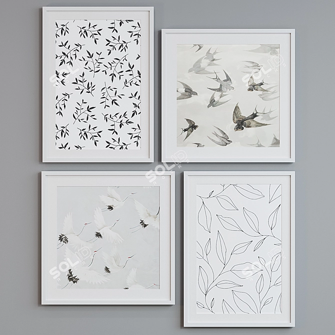 Modern Leaf and Bird Picture Frame Set 3D model image 4