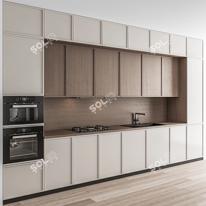 Sleek White and Wood Island Kitchen 3D model image 2