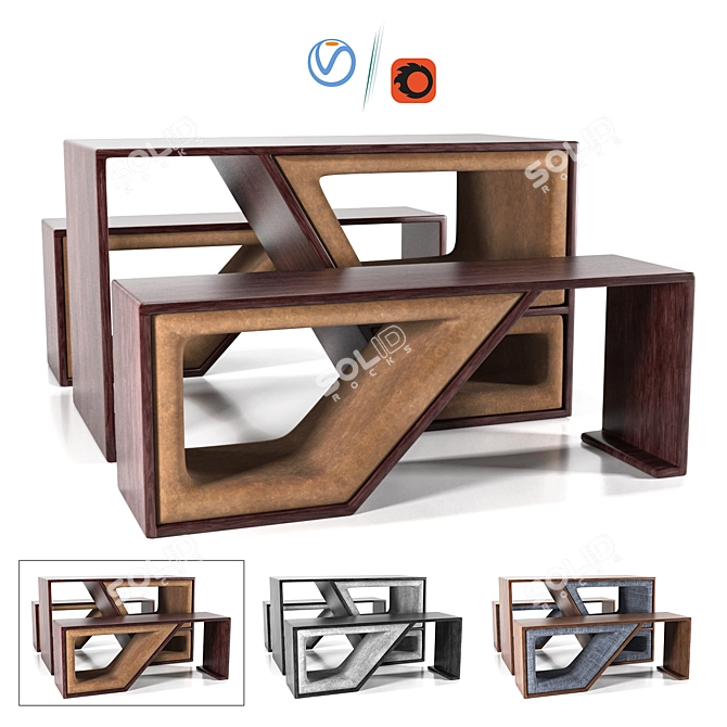 Streamline Wood Table and Bench 3D model image 1