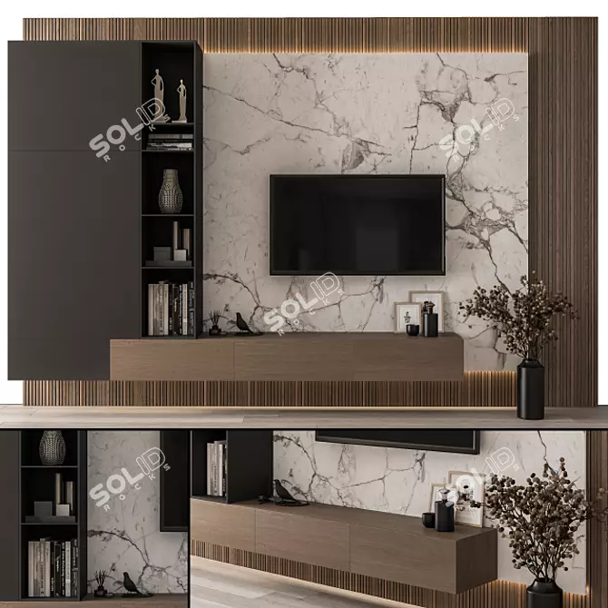 Modern Black Wood TV Wall 3D model image 1