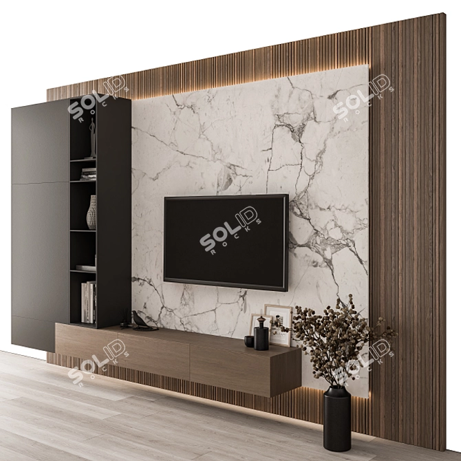 Modern Black Wood TV Wall 3D model image 2