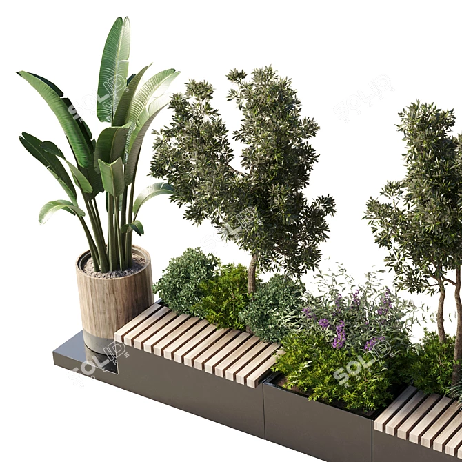 Urban Green Bench Collection with Flower-Plant-Tree 3D model image 4