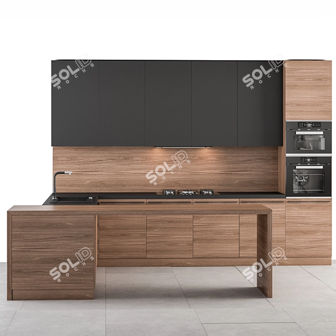 Sleek Wood & Black Kitchen 3D model image 2