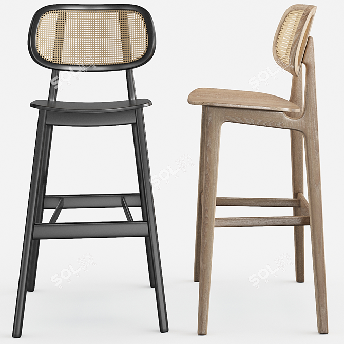 Rustic Cane Wood Bar Stool 3D model image 2