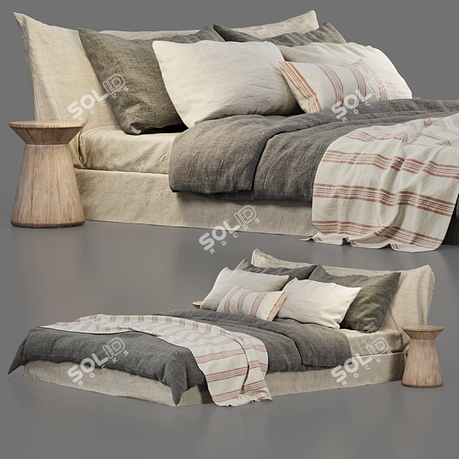 Luxurious Cozy Bed: Zara Home Linen Bedding & Bedhead 3D model image 2