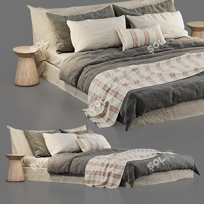 Luxurious Cozy Bed: Zara Home Linen Bedding & Bedhead 3D model image 9