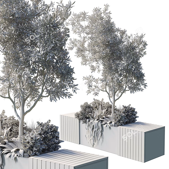 Urban Green Benches Collection: Plants & Trees 3D model image 6