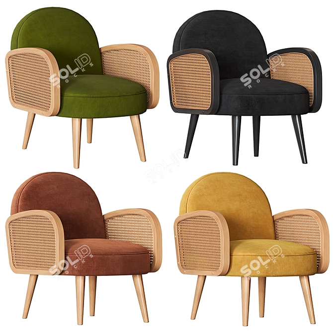 Velor and Wicker Finish Armchair 3D model image 2