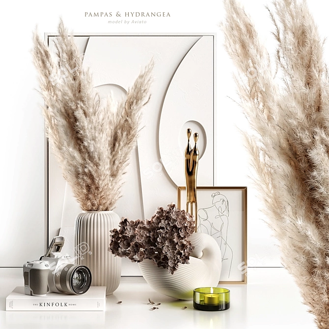 Elegant Pampas & Hydrangea Decor Set 3D model image 1