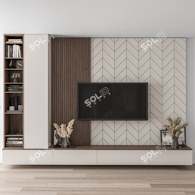 Modern White and Wood TV Wall 3D model image 1