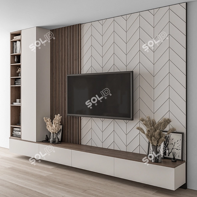 Modern White and Wood TV Wall 3D model image 2