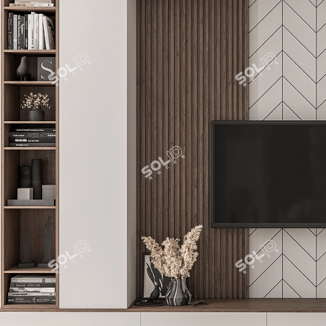 Modern White and Wood TV Wall 3D model image 3