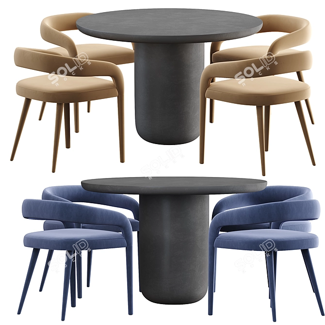 Modern White Dining Chair & Round Black Concrete Table 3D model image 2