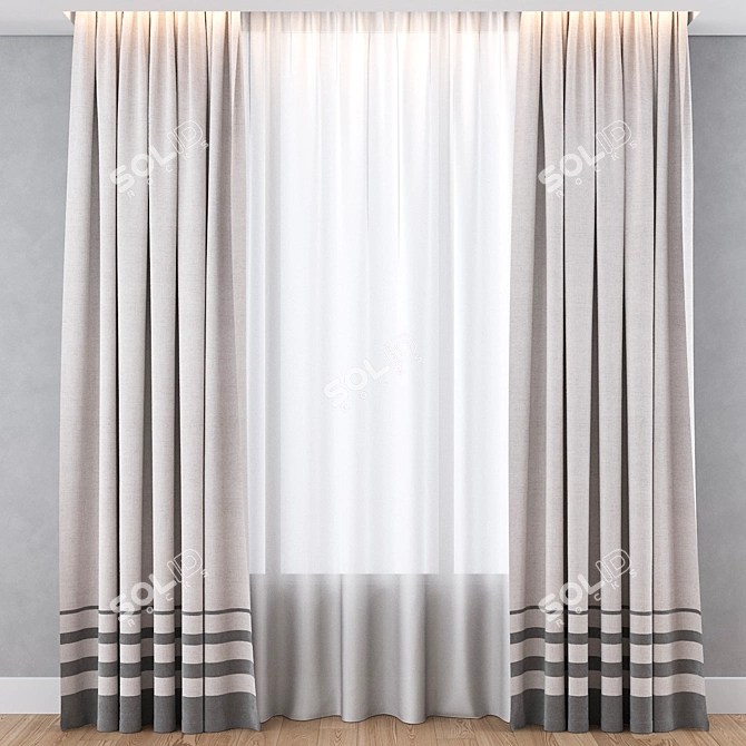 Modern Grey Striped Cotton Curtains 3D model image 1