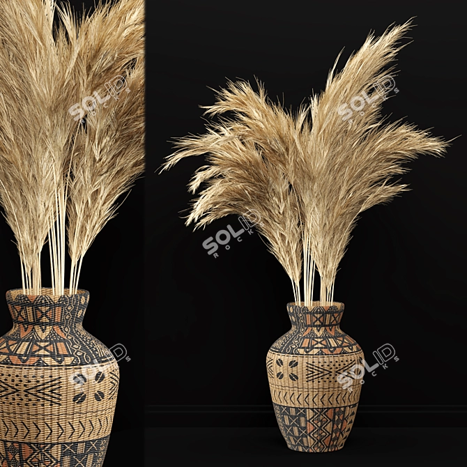 Elegant Pampas Plant Set in Wicker Vase 3D model image 4