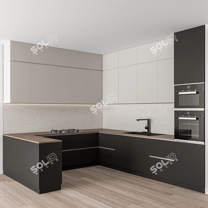 Sleek Monochrome Kitchen Set 3D model image 1