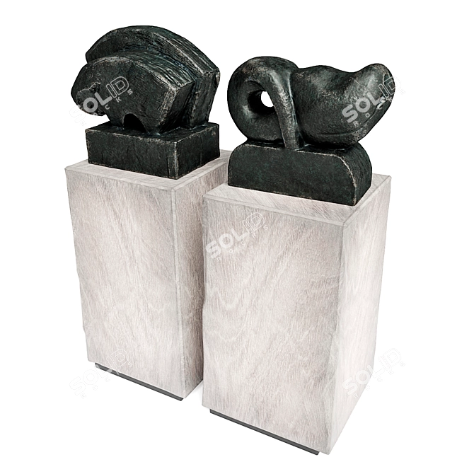 Contemporary Metal Wood Bull & Fish Sculptures 3D model image 2