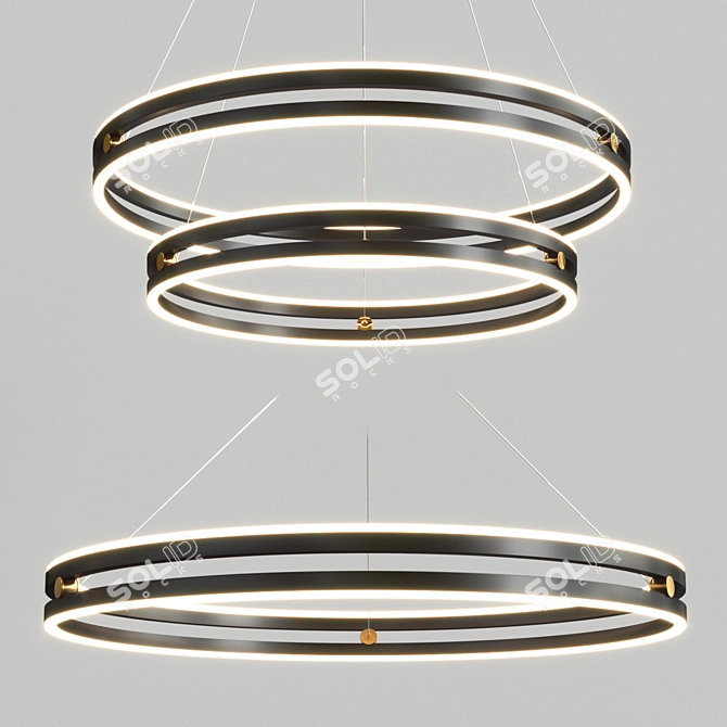 Sleek Black Gold Rings Chandelier 3D model image 2