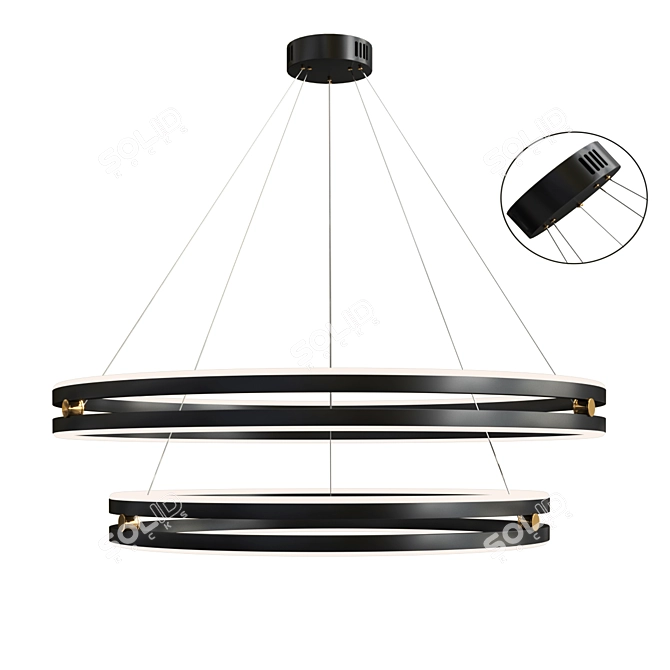 Sleek Black Gold Rings Chandelier 3D model image 5