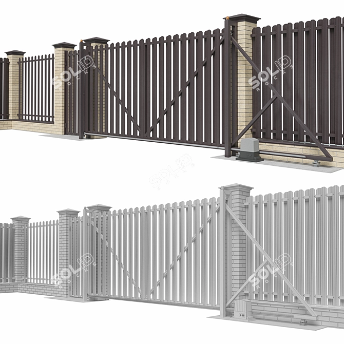 Euro-Style Brick Fence with Automatic Sliding Gate | Private House 3D model image 2