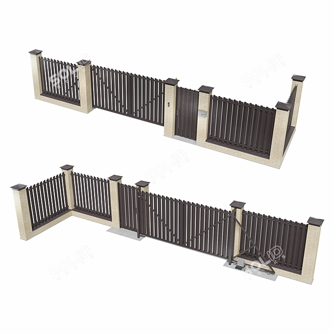 Euro-Style Brick Fence with Automatic Sliding Gate | Private House 3D model image 3