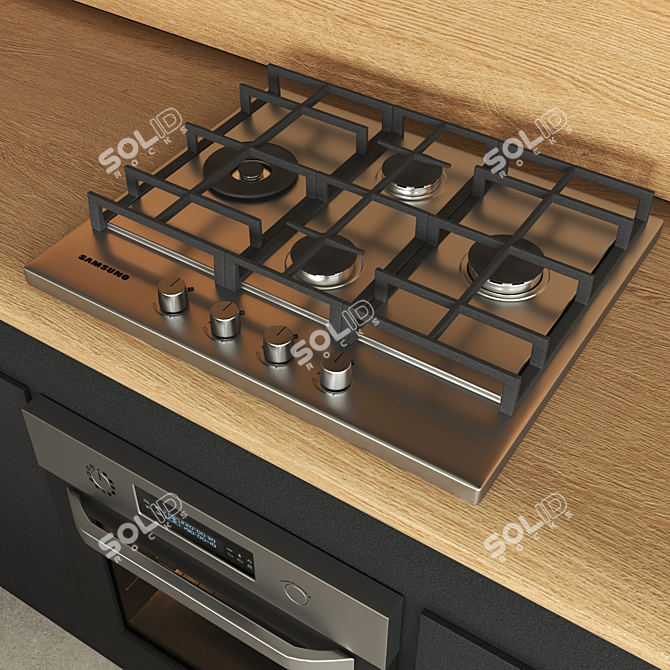 Samsung Kitchen Set with Dual Cook Oven, Gas Hob, Vent Hood, Wine Cooler, and Kraus Faucet 3D model image 2
