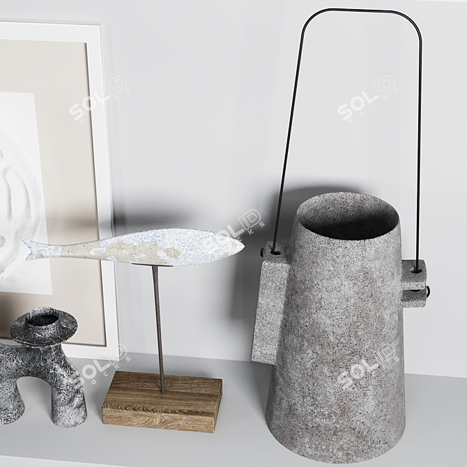 Decorative Set: Vintage Lamp, Distressed Fish, Wooden Whale, Vases, Candelabra, Artwork & More 3D model image 6