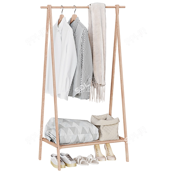 Wooden Shoe Rack & Coat Hanger 3D model image 3